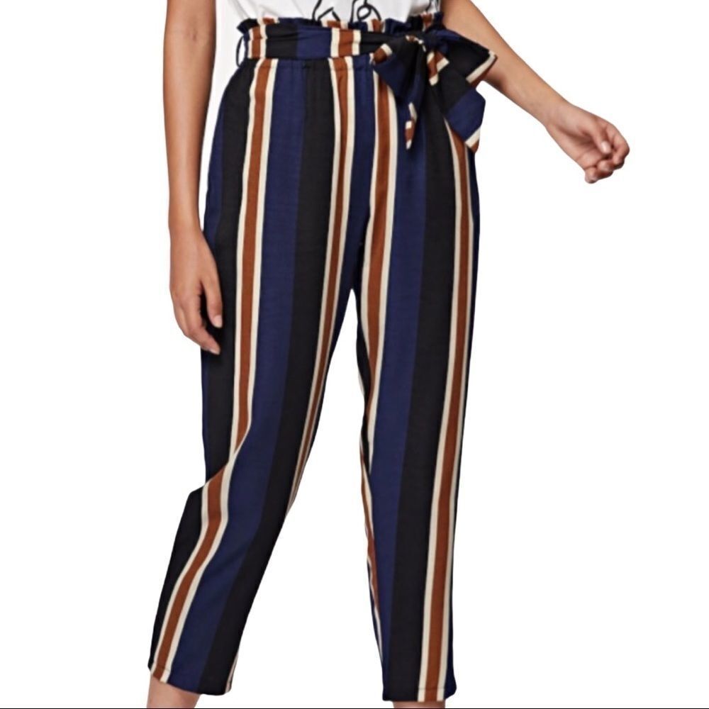 Ruffle High Waist Vertical StripesβPockets Sash Taper Ankle Pants NEW